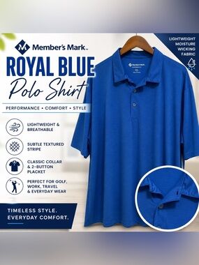 Member's Mark Men's Royal Blue Polo Shirt Textured Short Sleeve XXXL